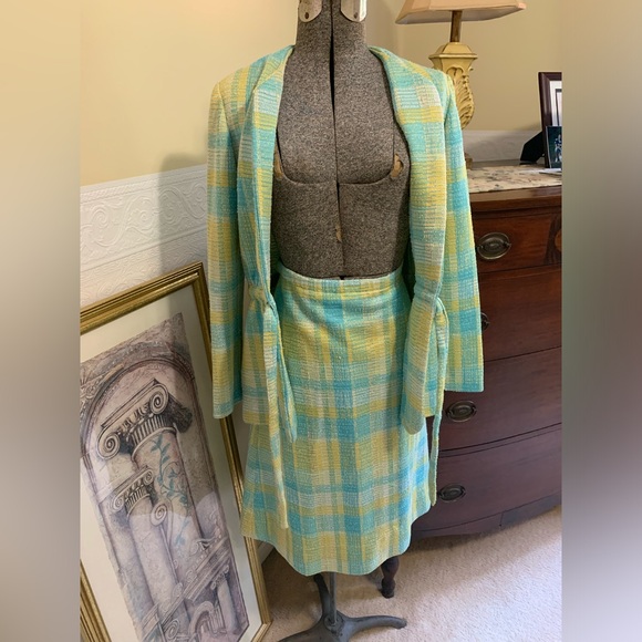 Aqua / Yellow Plaid Tweed Woman’s 2 Piece Skirt Set Vintage Size Medium NO Tags - Picture 14 of 16